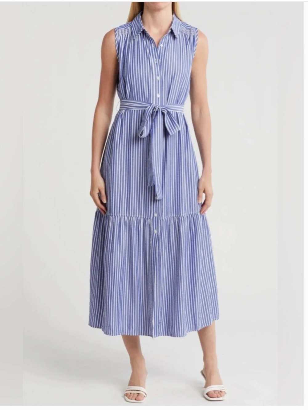 Tommy Hilfiger Blue and White striped seersucker sleeveless midi dress size 10